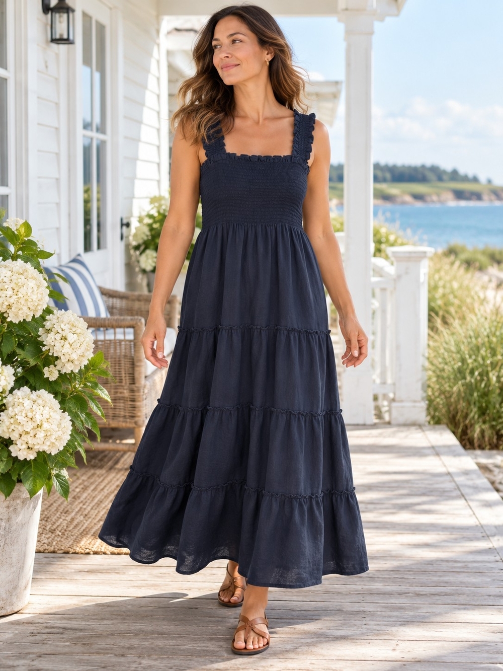 Quince 100% European Linen Smocked Midi Dress Deep Navy Blue Size L